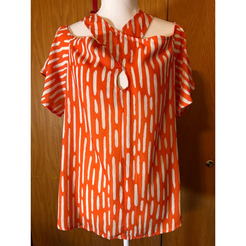 New York & Company Orange White Abstract Print Cold Shoulder Halter Top Small - Picture 2 of 7